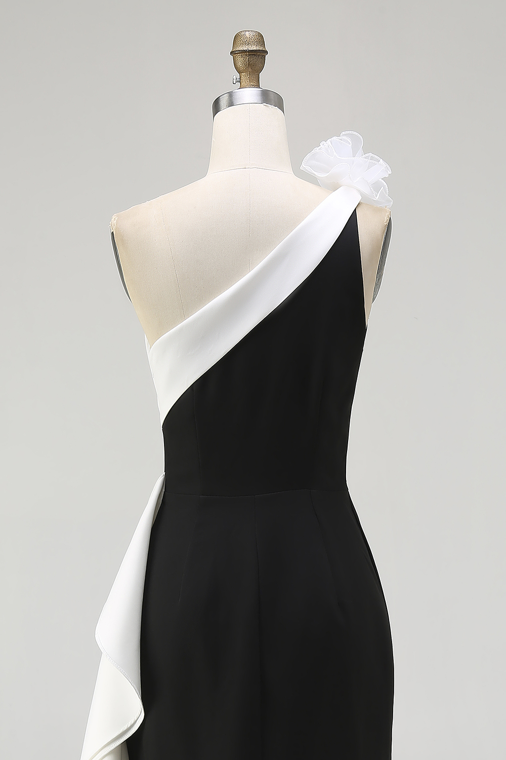 White One Shoulder Ruffled Long Black Tie Dress with Flowers