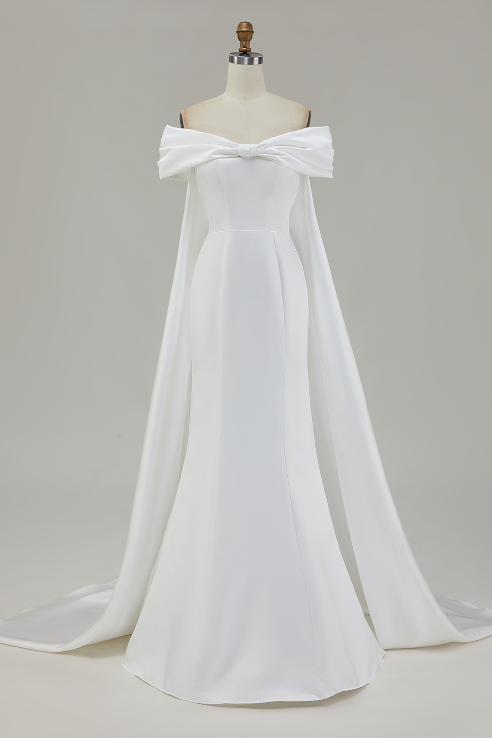 Elegant White Satin Off the Shoulder Mermaid Rehearsal Dinner Dress with Bow