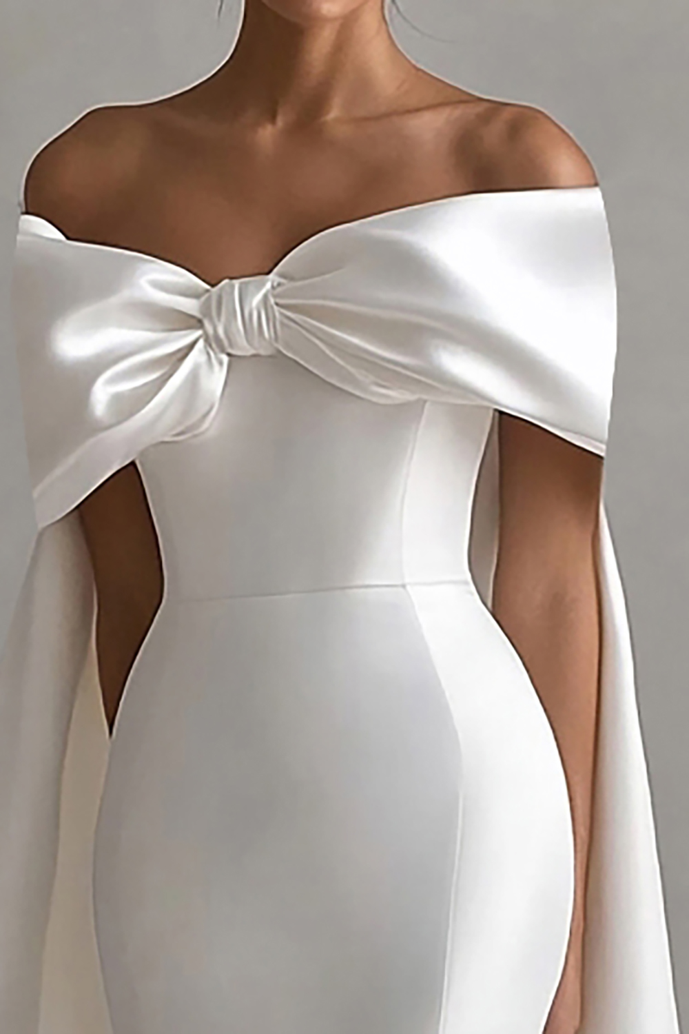 Elegant White Satin Off the Shoulder Mermaid Rehearsal Dinner Dress with Bow