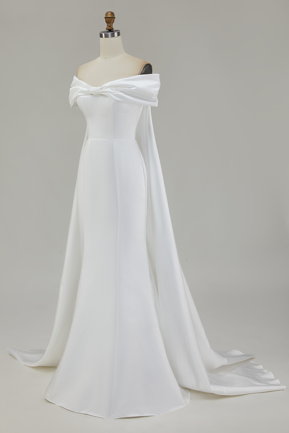 Elegant White Satin Off the Shoulder Mermaid Rehearsal Dinner Dress with Bow