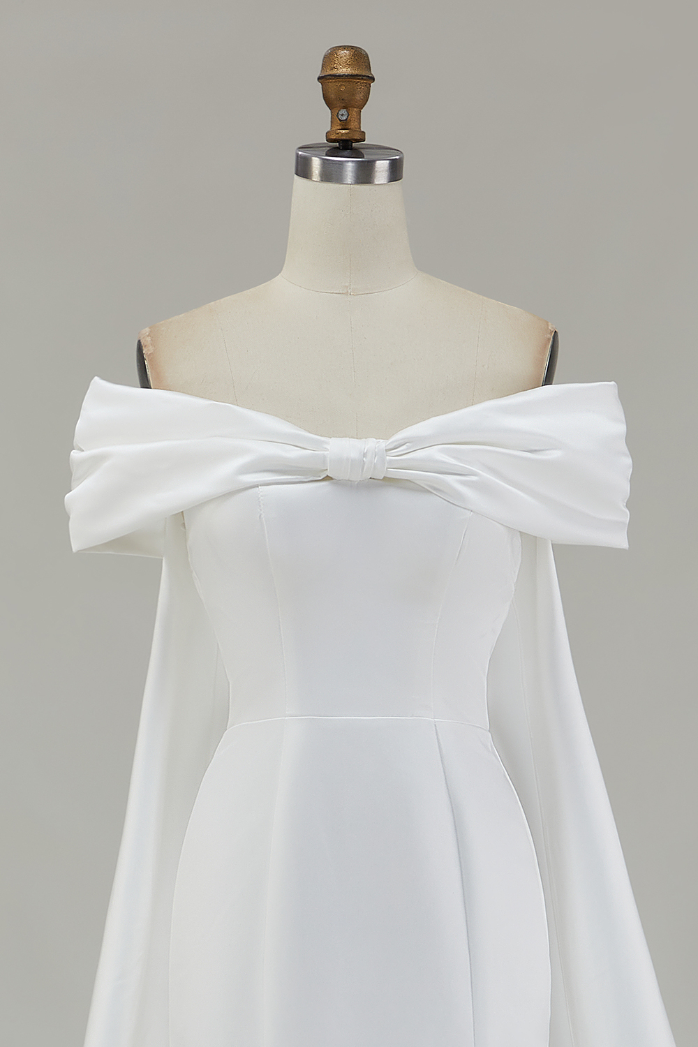 Elegant White Satin Off the Shoulder Mermaid Rehearsal Dinner Dress with Bow