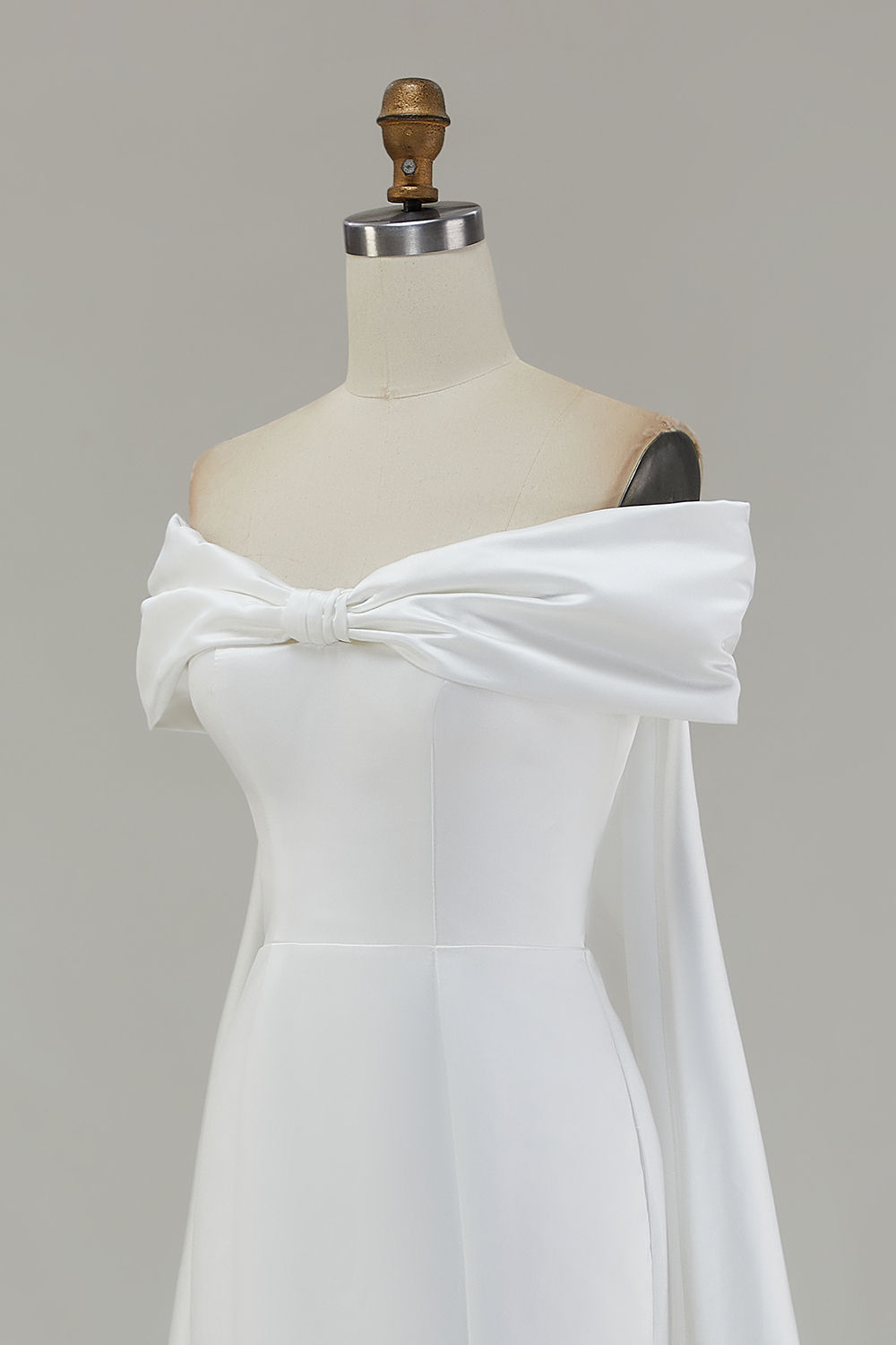 Elegant White Satin Off the Shoulder Mermaid Rehearsal Dinner Dress with Bow