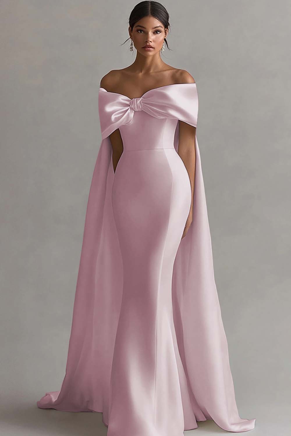 Elegant White Satin Off the Shoulder Mermaid Rehearsal Dinner Dress with Bow
