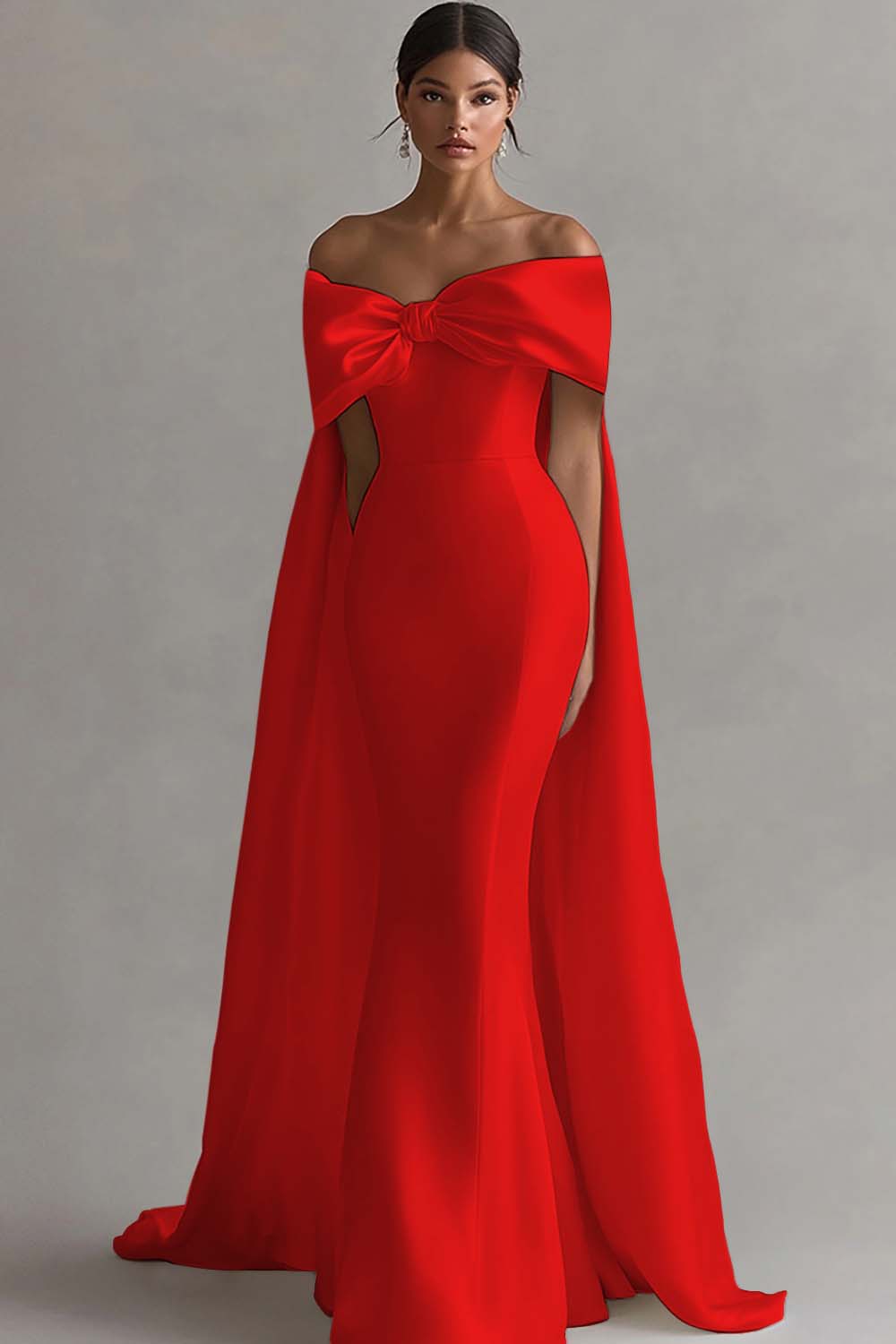 Elegant White Satin Off the Shoulder Mermaid Rehearsal Dinner Dress with Bow