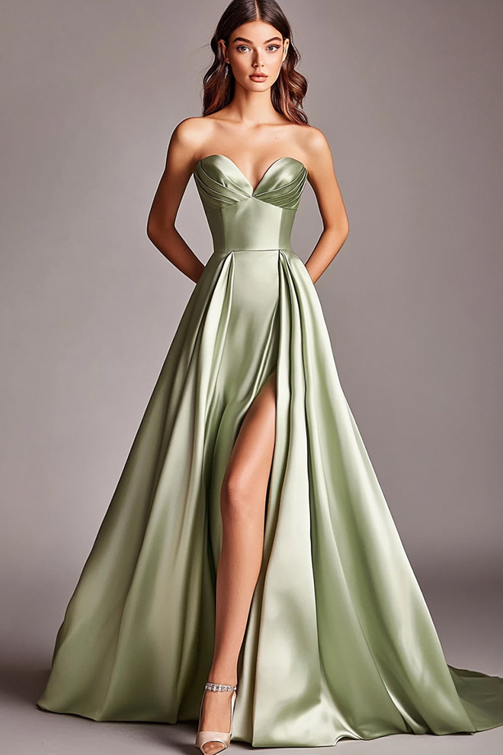 Dusty Sage Satin Strapless A Line Long Prom Dress with Slit