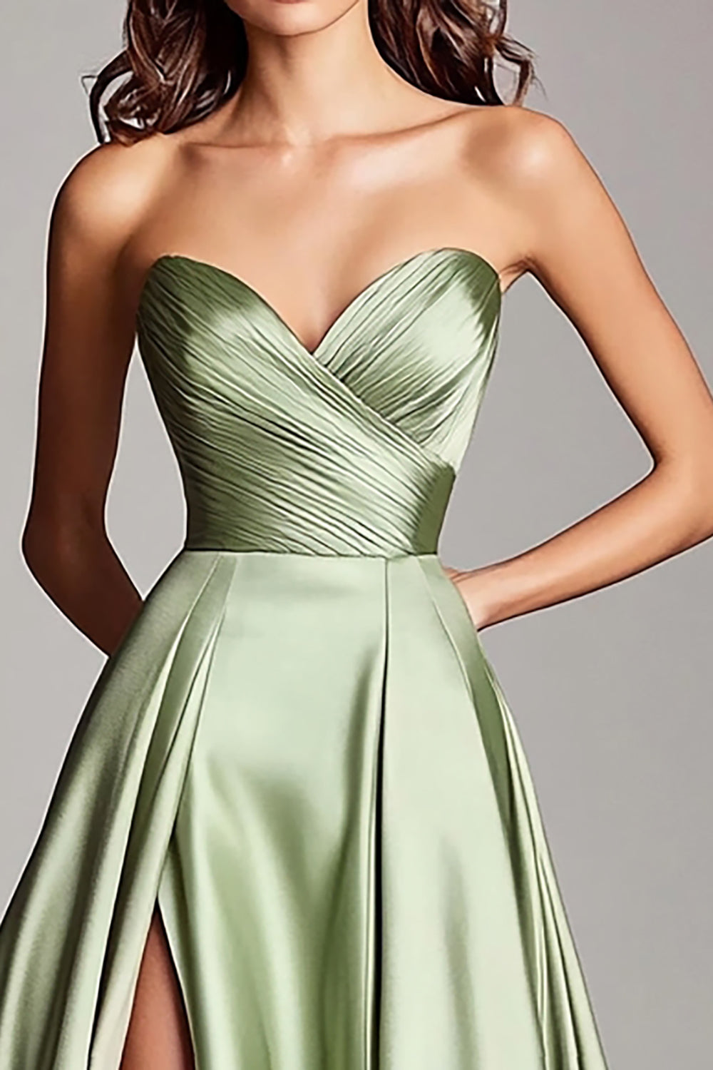 A Line Dusty Sage Strapless Ruched Satin Long Prom Dress