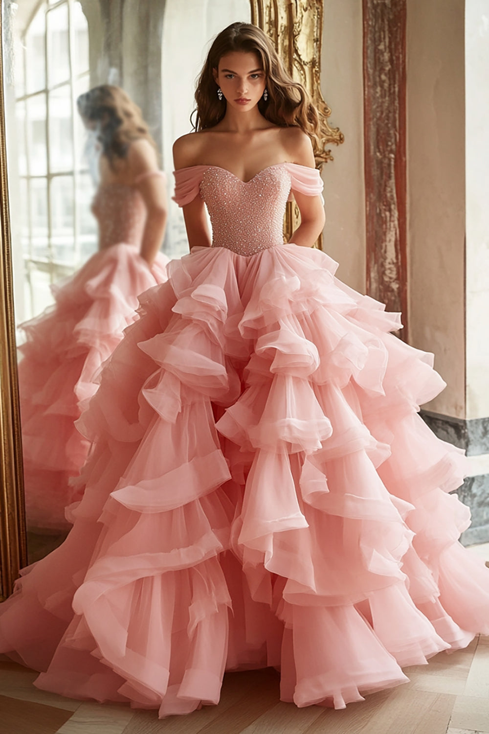 Hellymoon Women Sparkly Pink Ball Gown Tulle Ball Gown Dress Off the Shoulder Beaded Tiered Long Quinceanera Dress