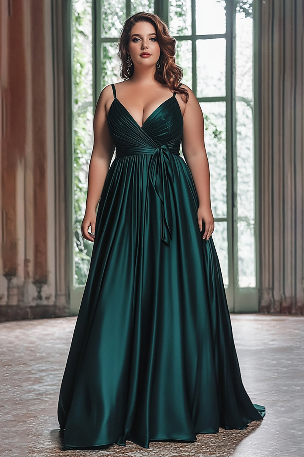 Plus Size Dark Green A Line Satin Long Prom Dress with Sash