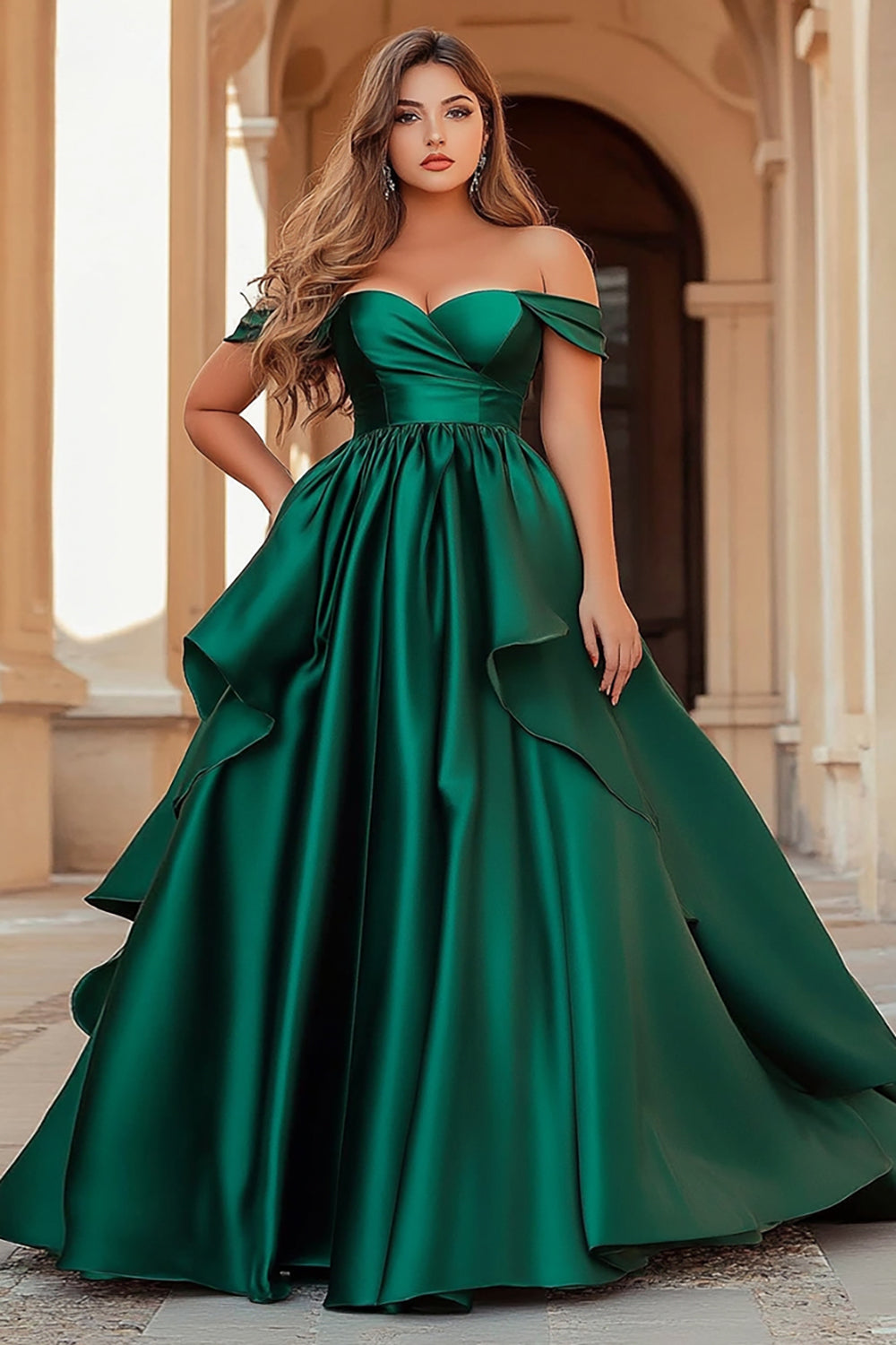 Plus Size Dark Green Off the Shoulder Satin Long Prom Dress with Ruffles