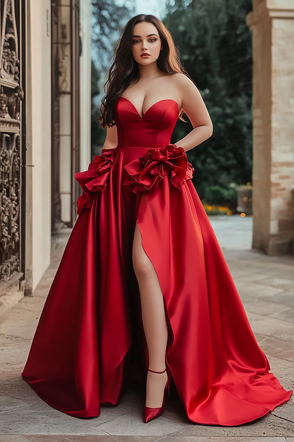 Plus Size Red A Line Satin Ruffled Long Prom Dress with Slit