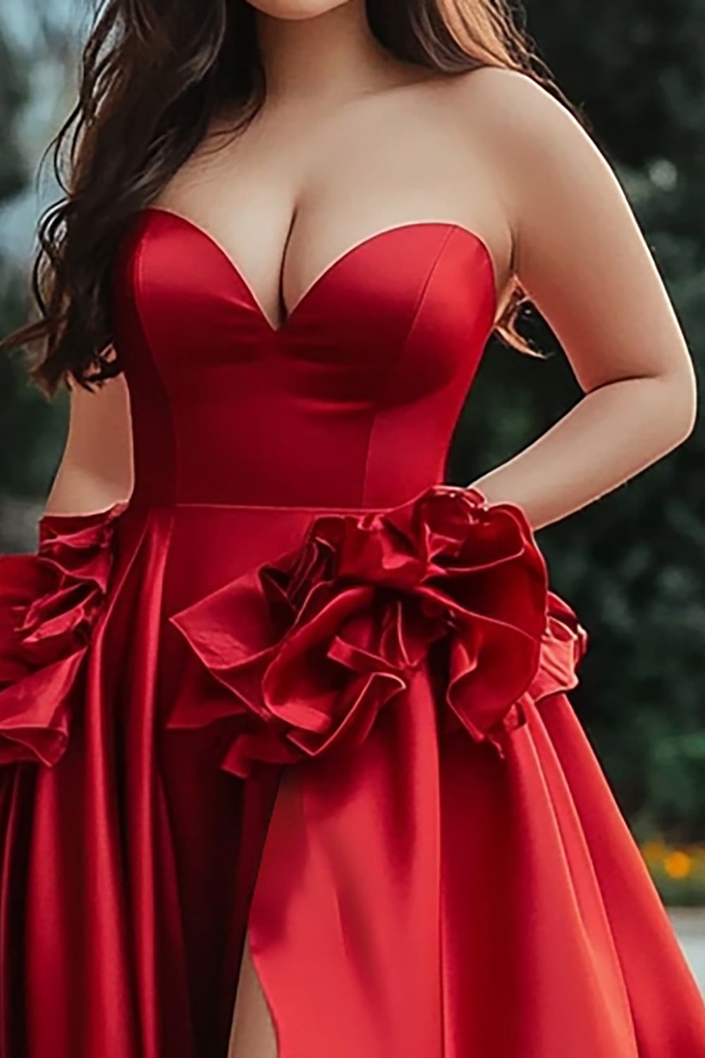 Plus Size Red A Line Satin Ruffled Long Prom Dress with Slit