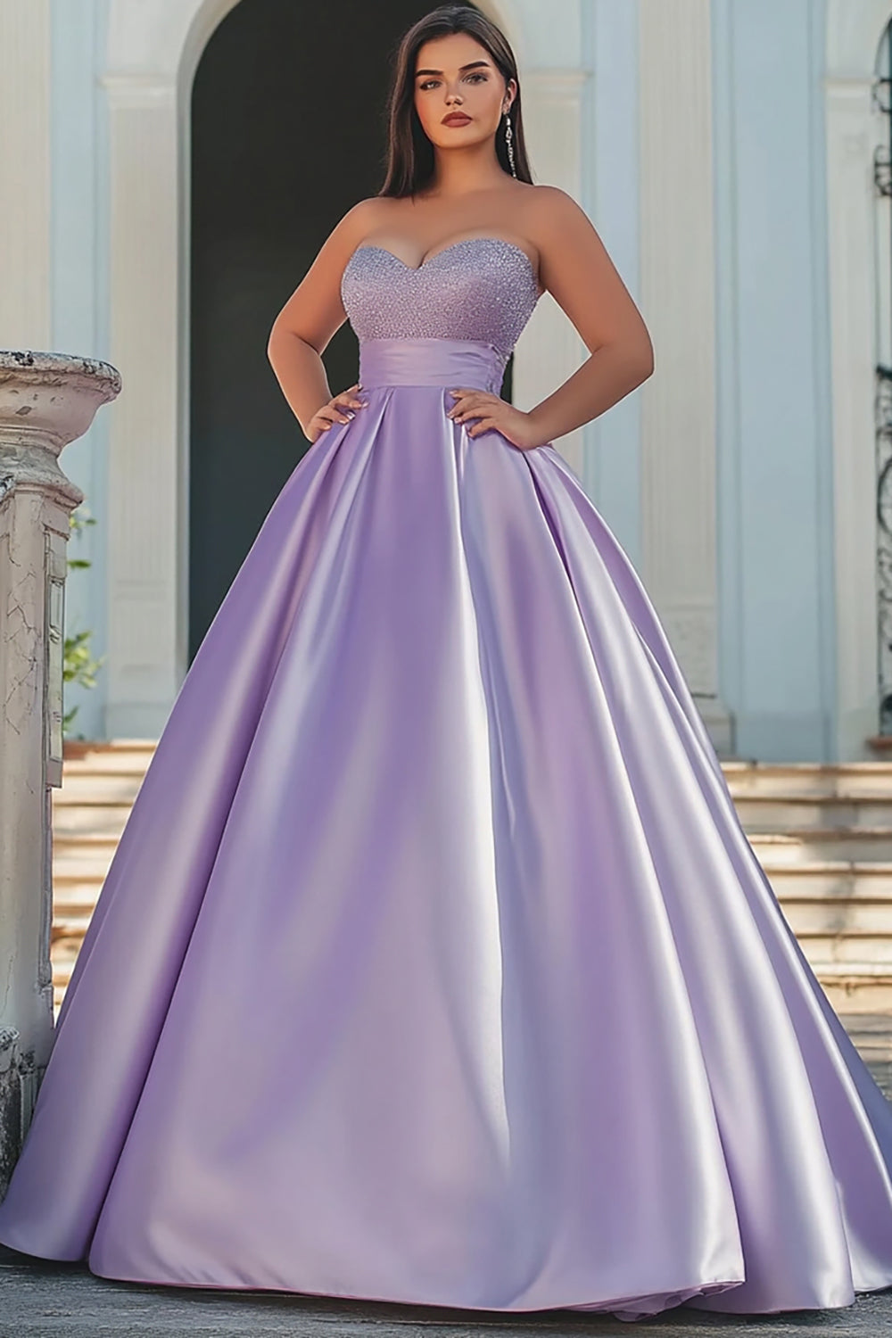 Plus Size Lilac A Line Satin Glitter Long Prom Dress