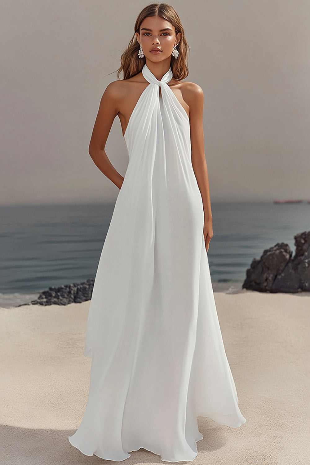 Flowy White Chiffon Maxi Rehearsal Dinner Dress Halter Top Backless Pleated A Line Engagement Dress
