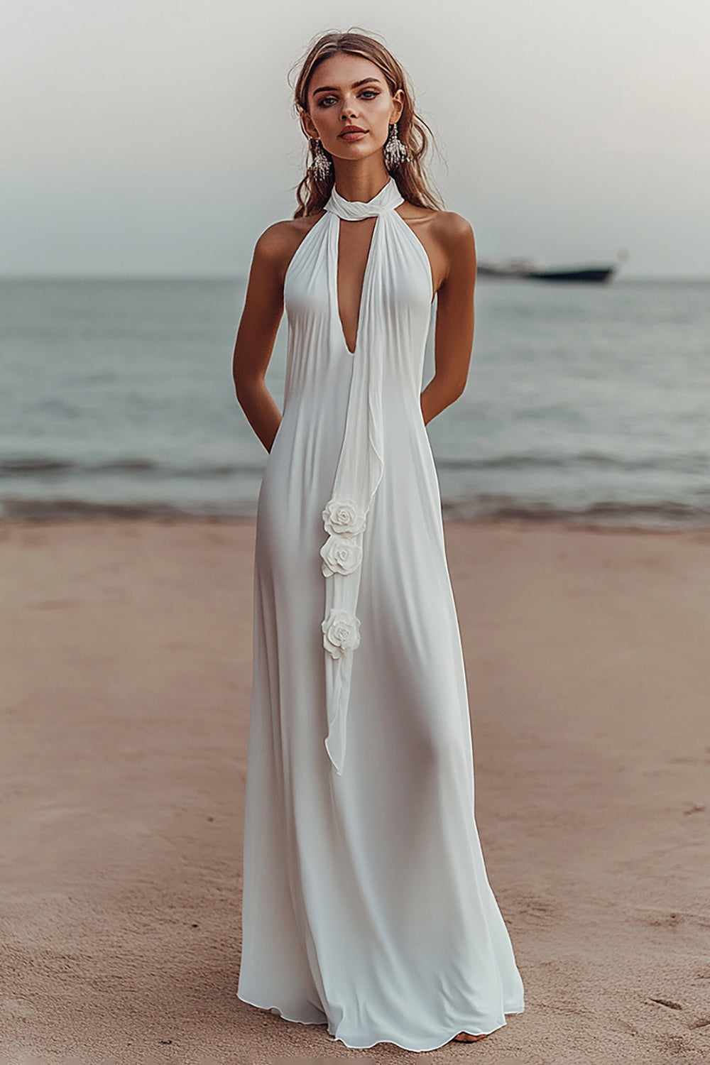 White Chiffon Halter Keyhole Long Rehearsal Dinner Dress