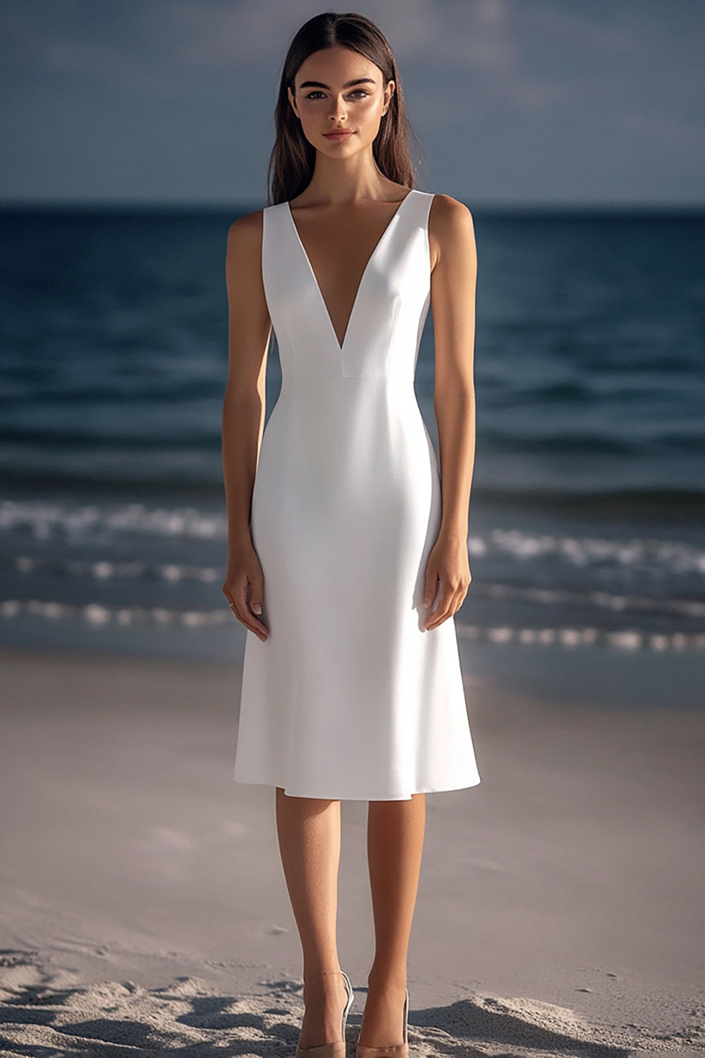 Simple White Satin Sheath V-Neck Midi Graduation Dress