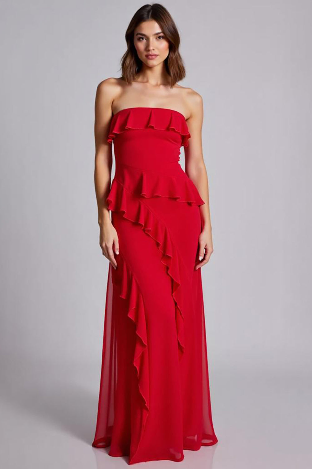 Red A Line Strapless Long Chiffon Formal Dress with Ruffles