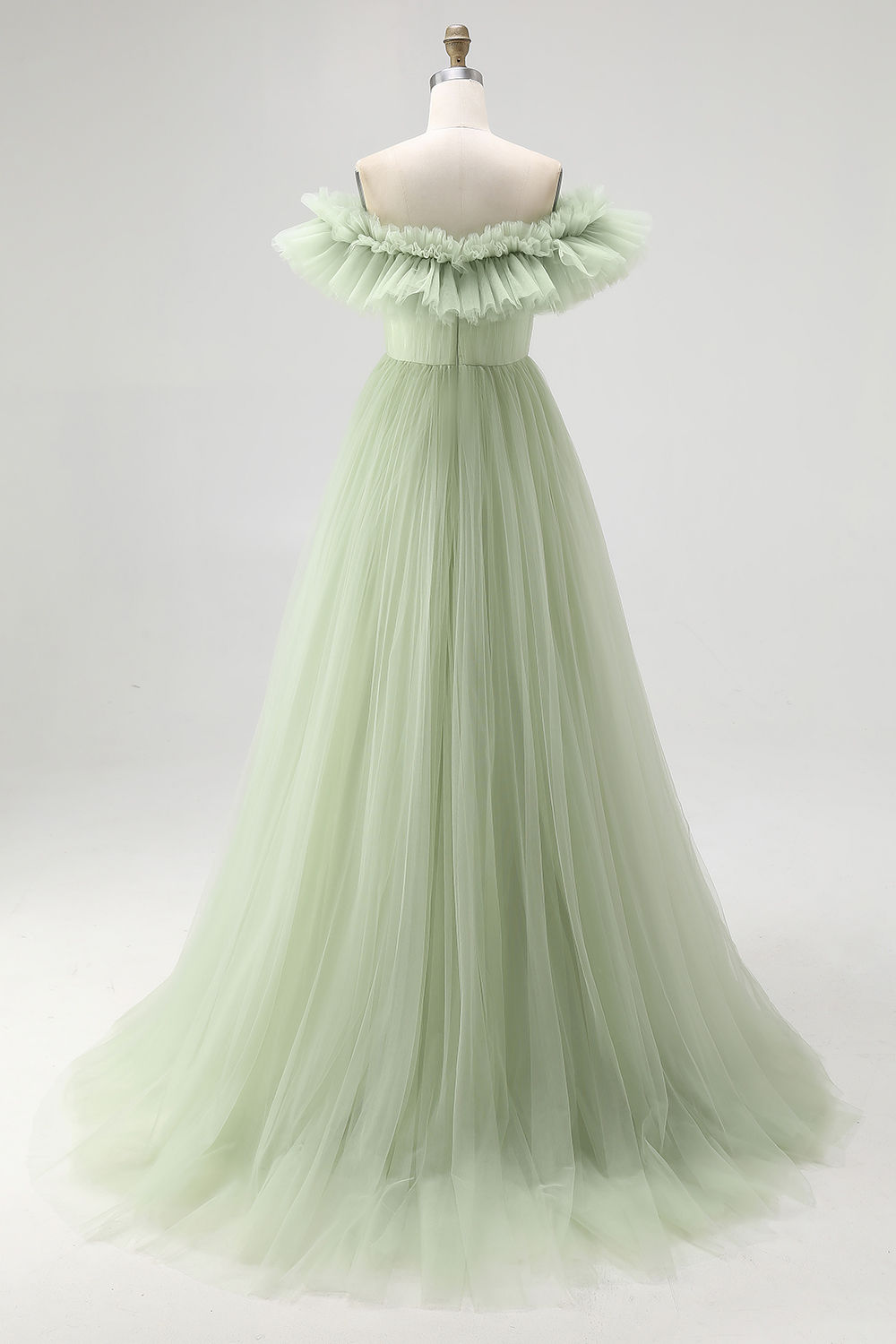 Elegant Dusty Sage A Line Tulle Long Formal Dress with Ruffles