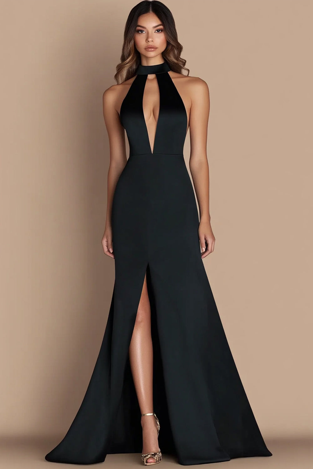 Simple Satin Halter Keyhole Long Black Tie Dress with Slit