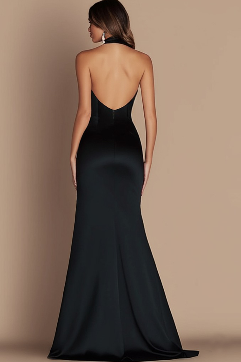 Simple Satin Halter Keyhole Long Black Tie Dress with Slit