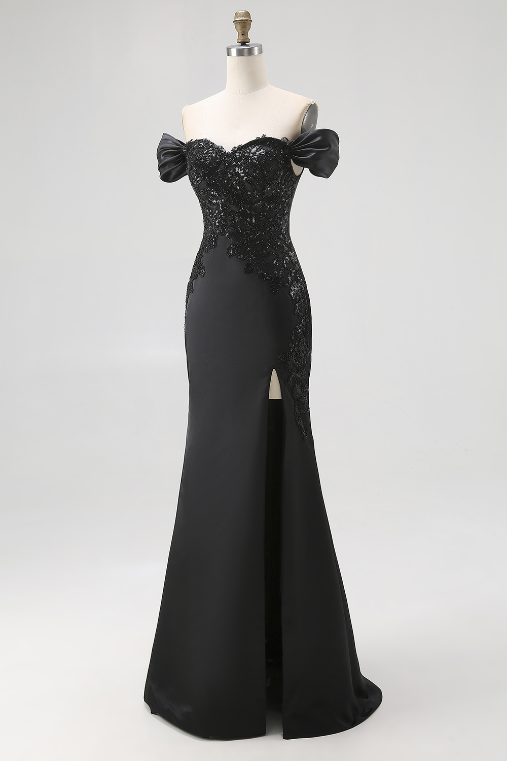 Black Off the Shoulder Appliqued Mermaid Long Satin Prom Dress