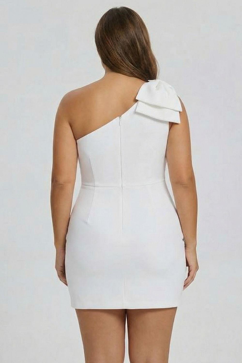 White Satin One Shoulder Ruched Short Tight Graduation Dress with Bow