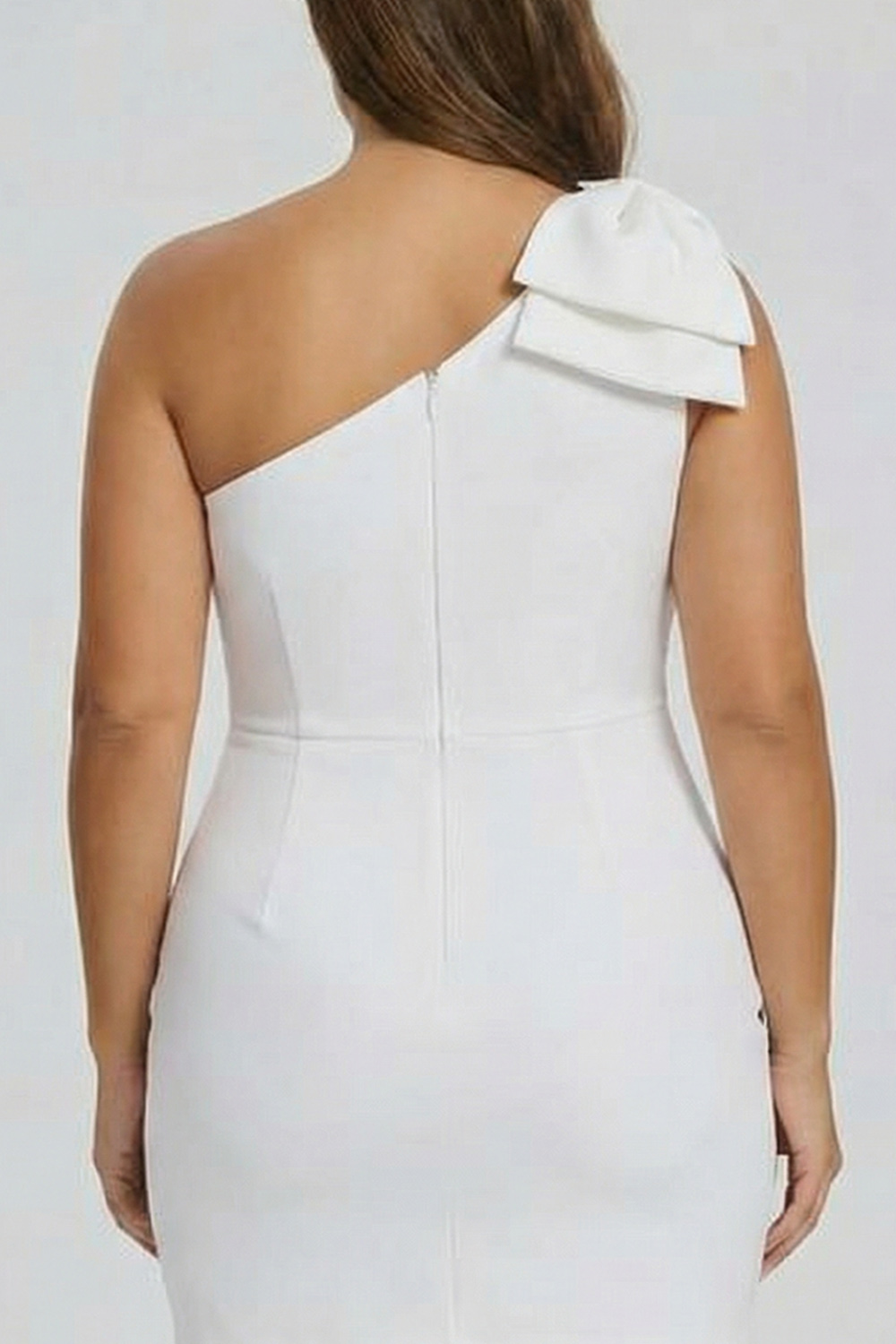Plus Size White Satin One Shoulder Bodycon Ruched Mini Cocktail Dress with Bow