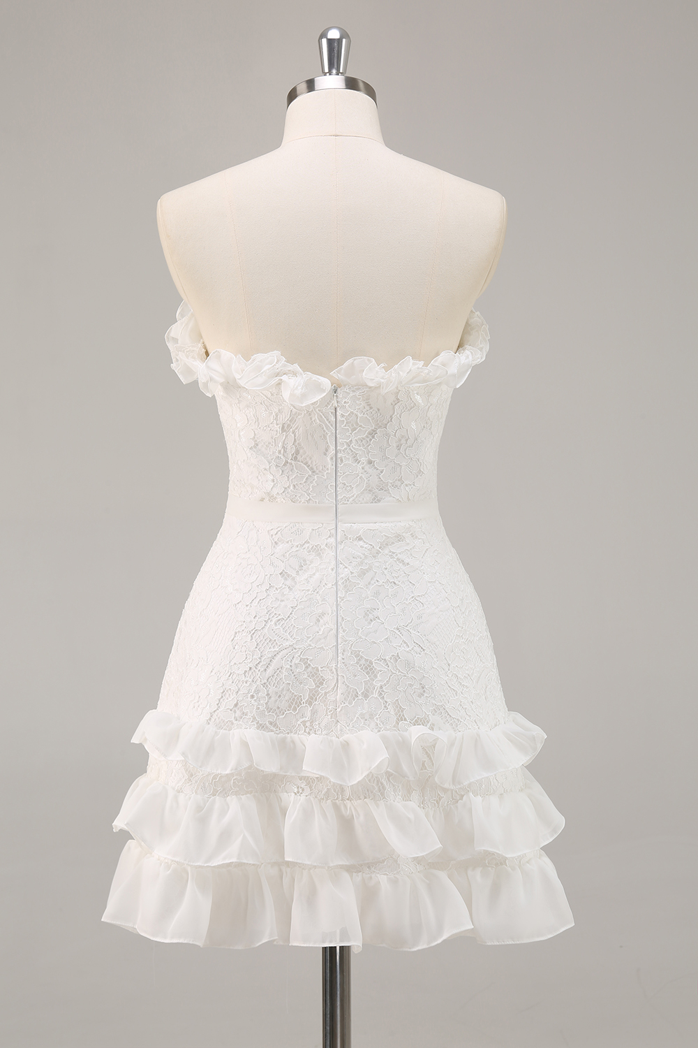 Cute White Lace A Line Strapless Mini Graduation Dress with Ruffles