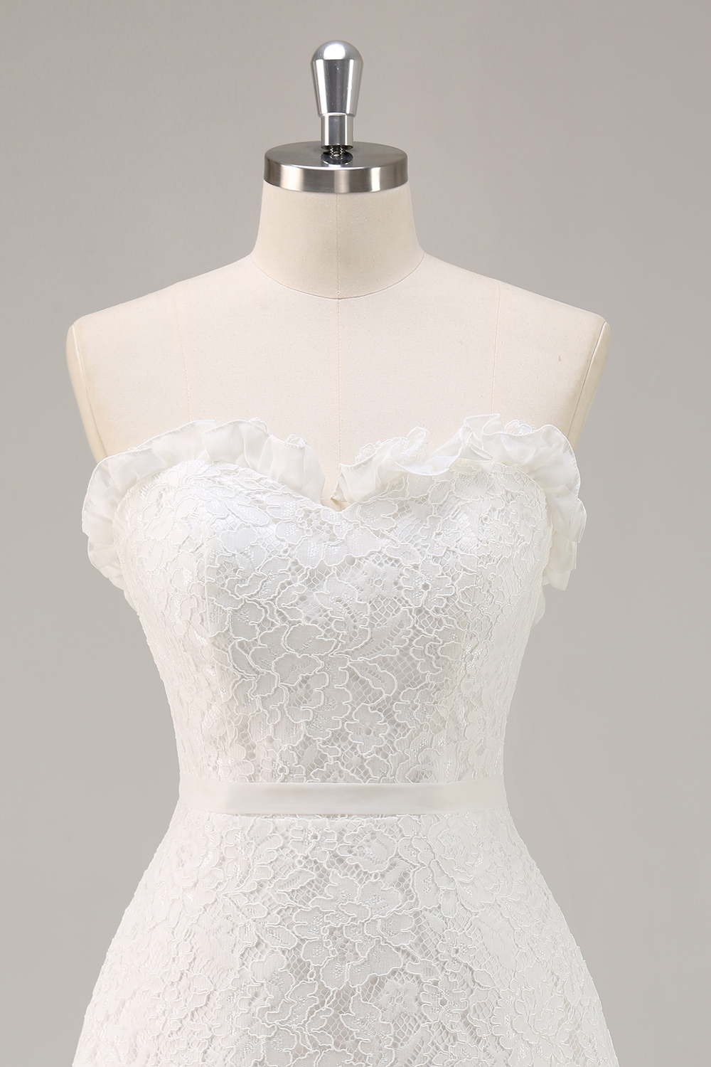 Cute White Lace A Line Strapless Mini Graduation Dress with Ruffles