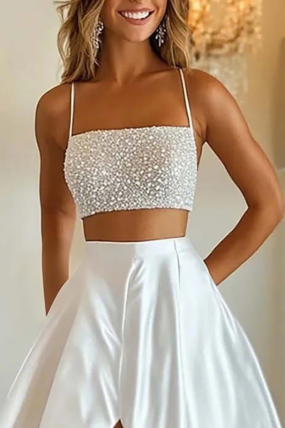Sparkly White Two-Piece Satin Beaded Long Prom Dress with Slit