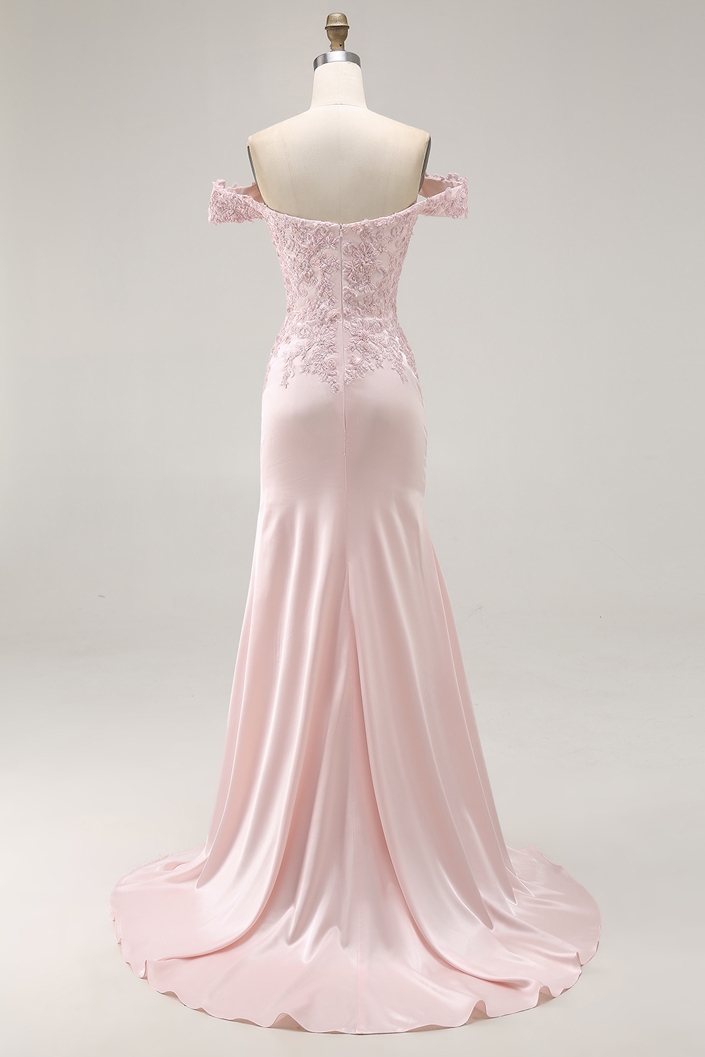 Pink A Line Off the Shoulder Long Satin Formal Dress with Lace