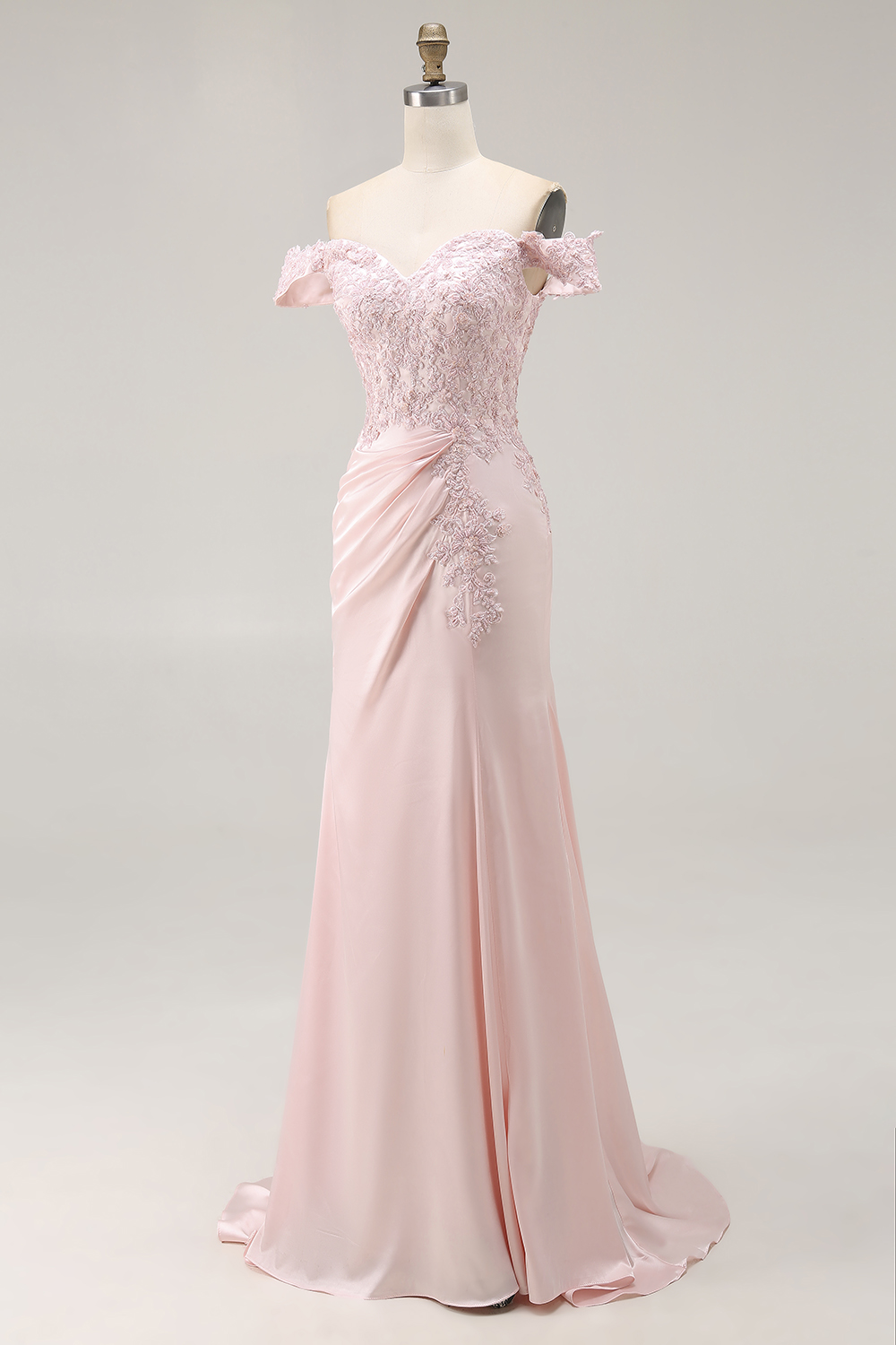 Pink A Line Off the Shoulder Long Satin Formal Dress with Lace