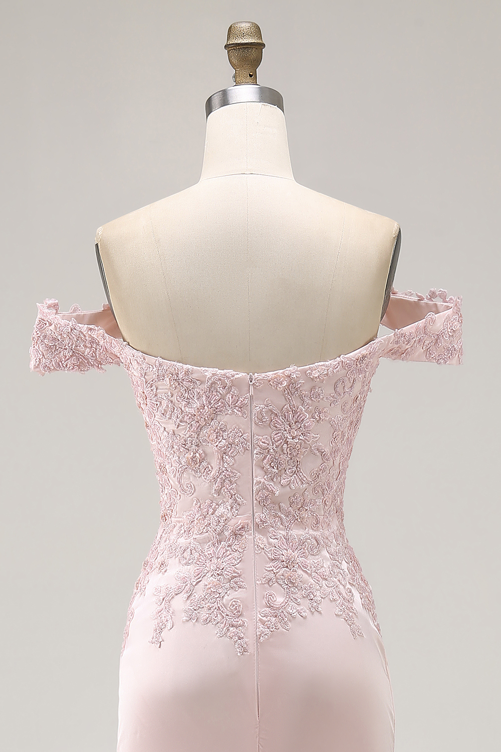 Pink A Line Off the Shoulder Long Satin Formal Dress with Lace