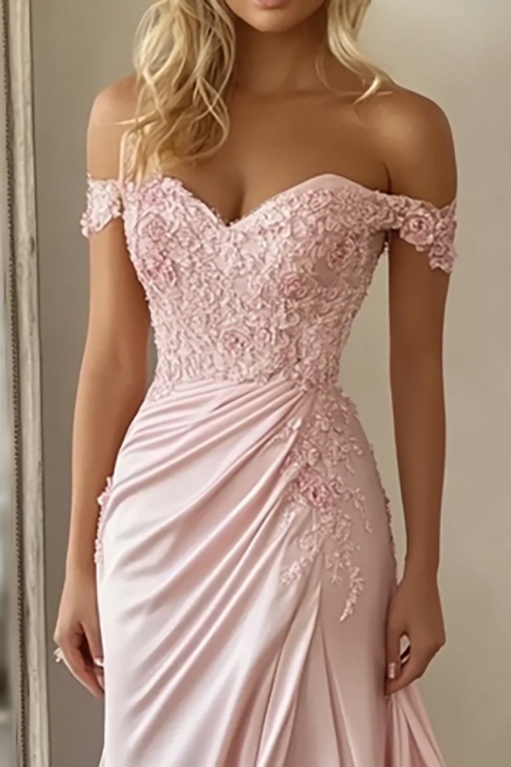 Pink A Line Satin Off the Shoulder Long Prom Dress with Lace