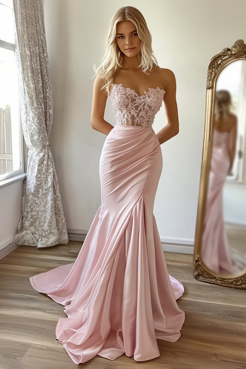 Hellymoon Women Elegant Pink Mermaid Long Satin Wedding Guest Dress with Lace Strapless Pleated Formal Dress