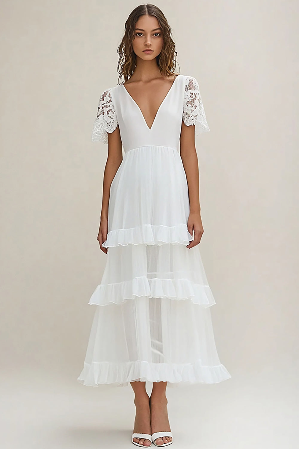 Elegant White Tiered Long Chiffon Rehearsal Dinner Dress with Lace