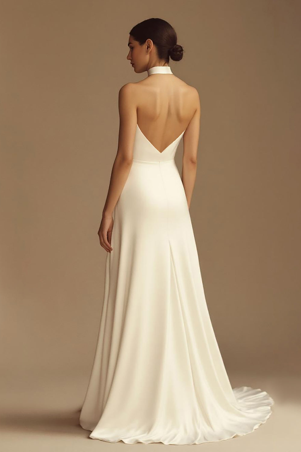 White Halter A Line Keyhole Long Satin Rehearsal Dinner Dress