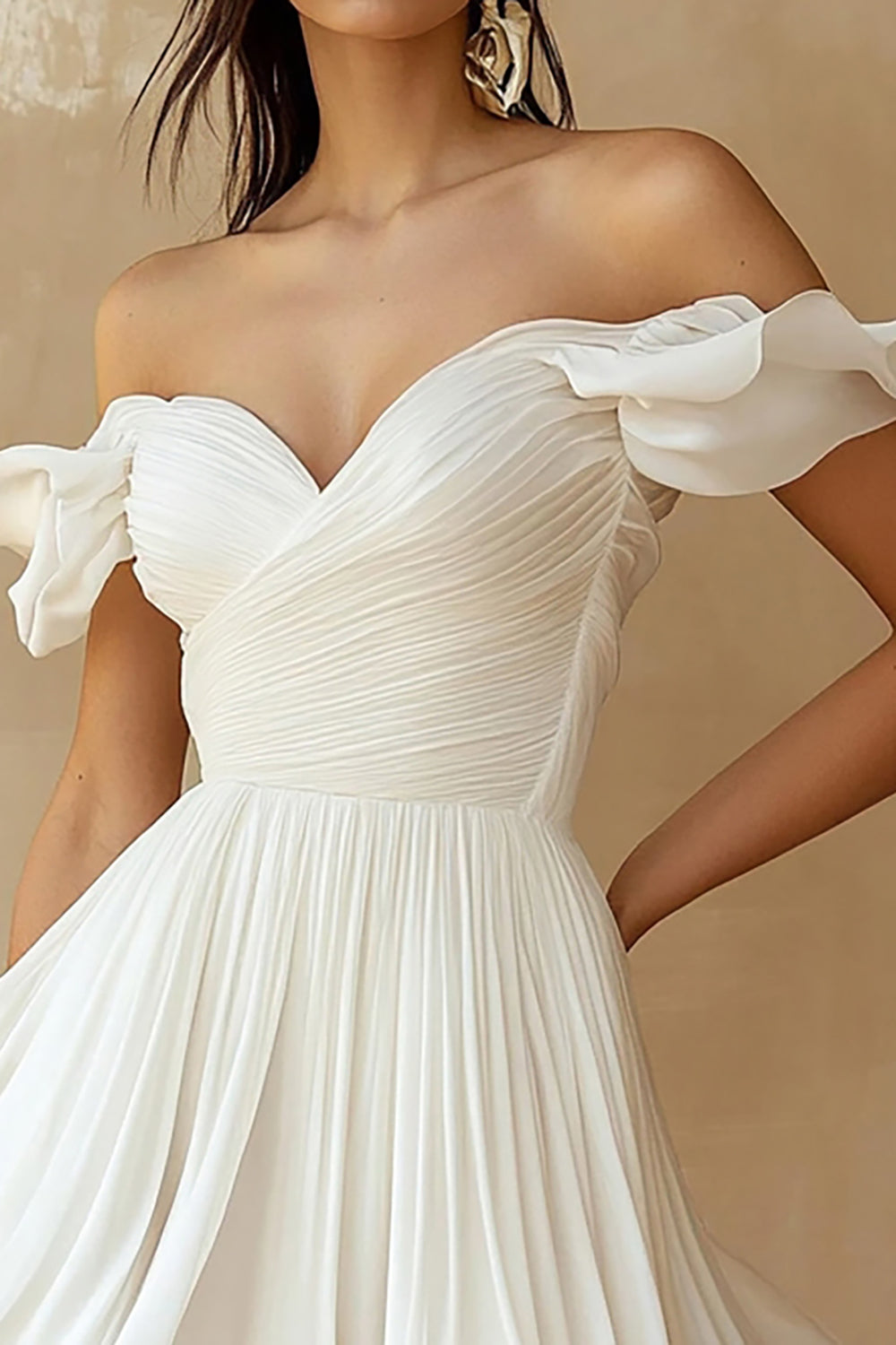 White Chiffon A Line Off the Shoulder Graduation Dress with Ruffles