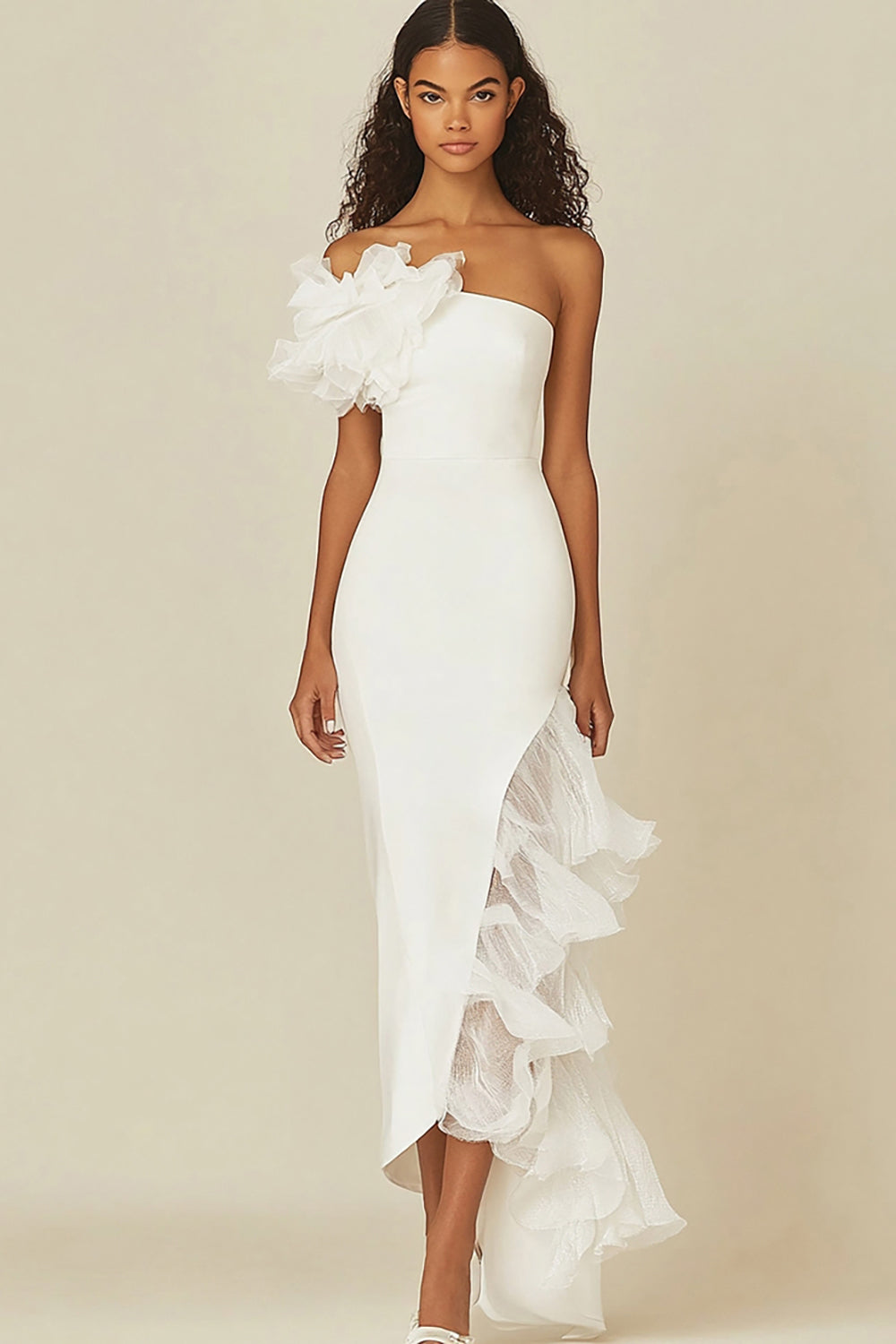 White Sheath Asymmetrical Long Ruffled Rehearsal Dinner Dress