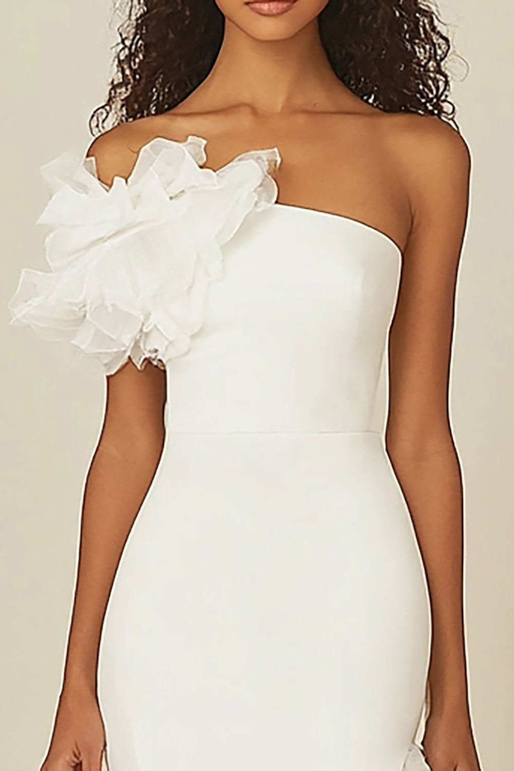 White Sheath Asymmetrical Long Ruffled Rehearsal Dinner Dress