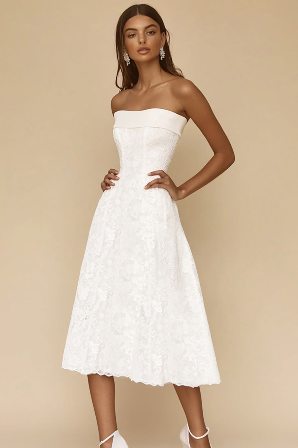 White A Line Strapless Long Lace Rehearsal Dinner Dress