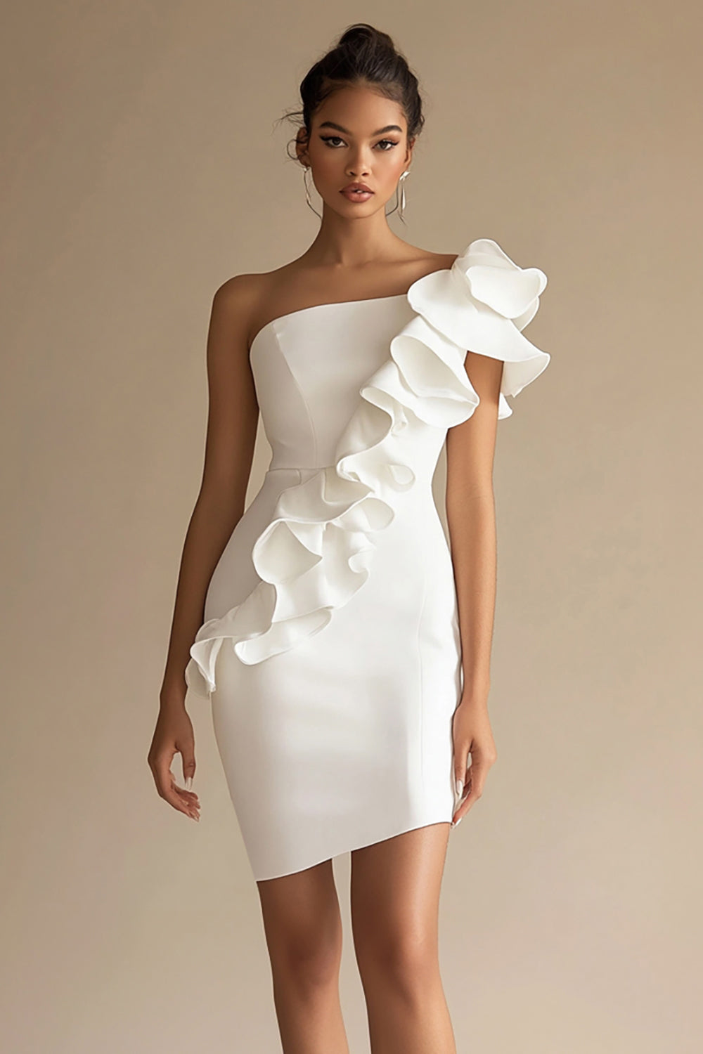 One Shoulder White Sheath Graduation Dress with Ruffles