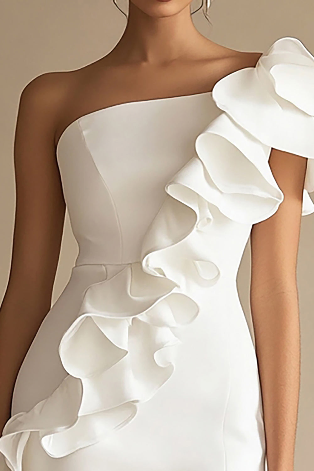 One Shoulder White Sheath Graduation Dress with Ruffles