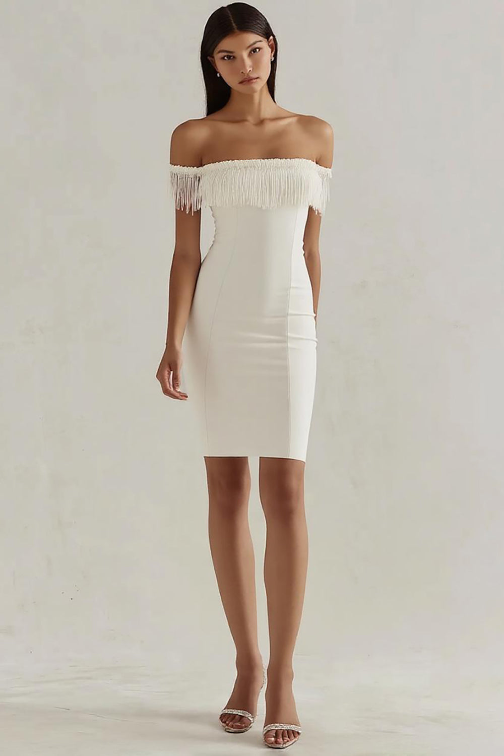 Off the Shoulder White Satin Bodycon Graduation Dress with Fringes