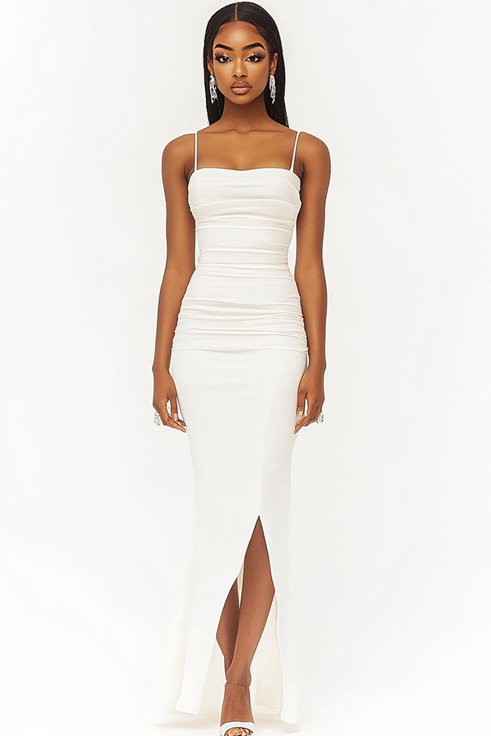 White Satin Sheath Ruched Long Graduation Dress