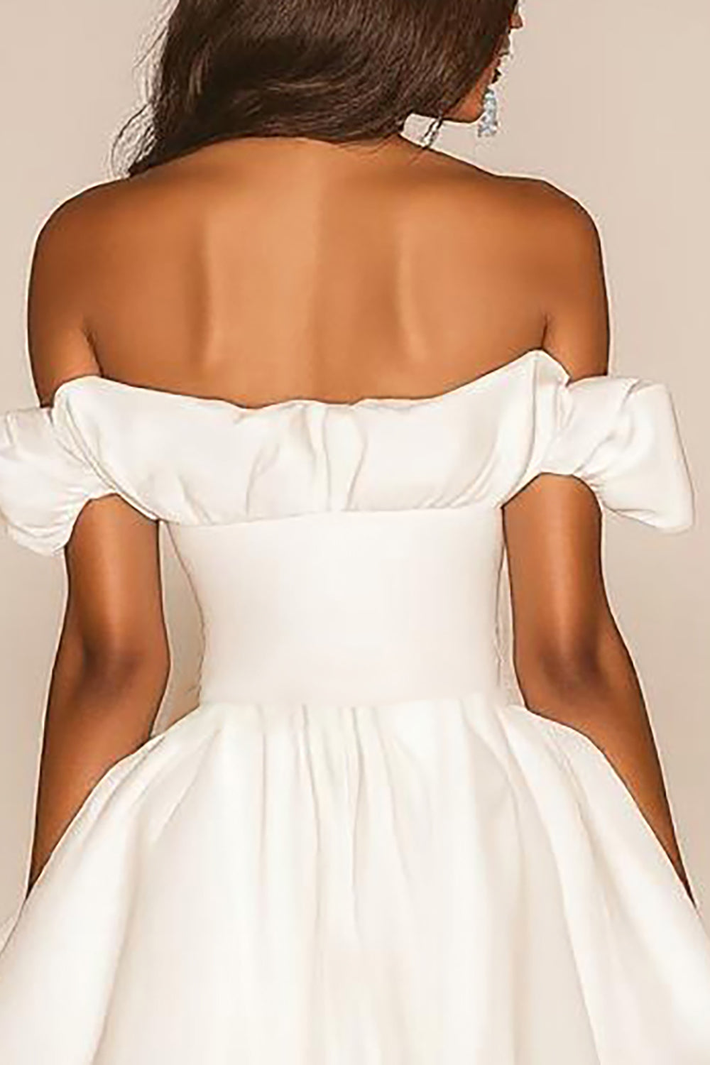 Off the Shoulder White A Line Ruffled Satin Short Graduation Dress