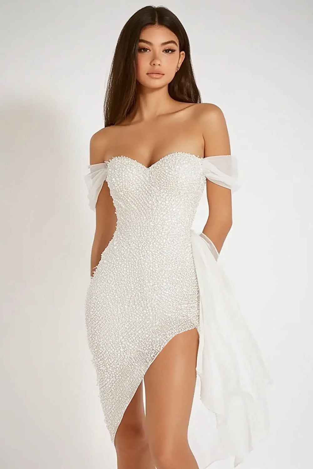 Sparkly White Bodycon Off the Shoulder Graduation Dress with Side Cape