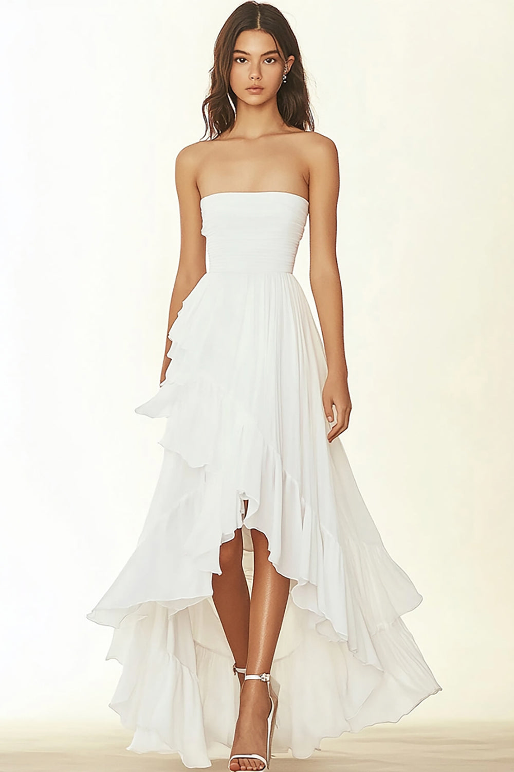White A Line Chiffon Ruffled Strapless Hig- Low Graduation Dress
