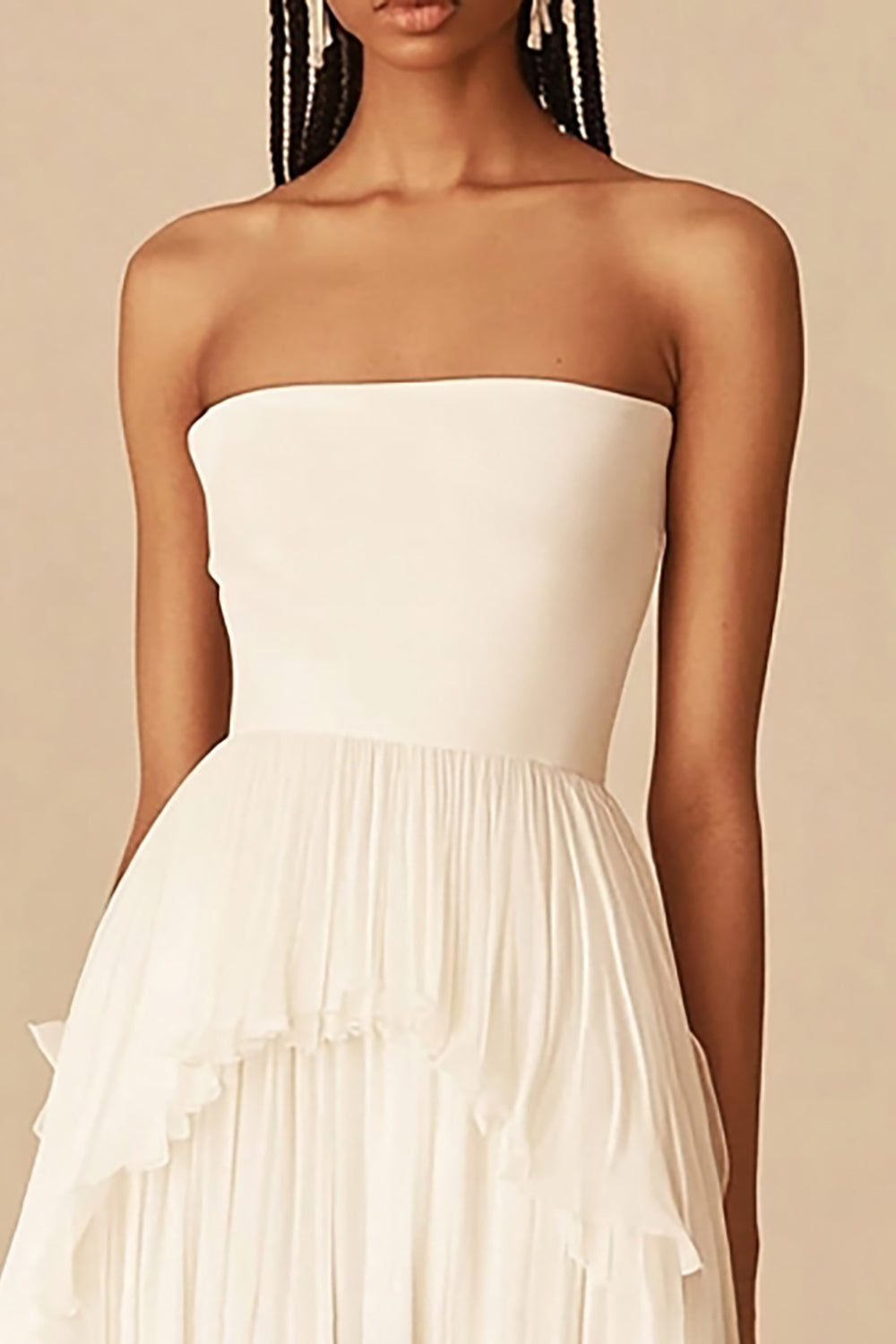 White Chiffon A Line Strapless Pleated Graduation Dress
