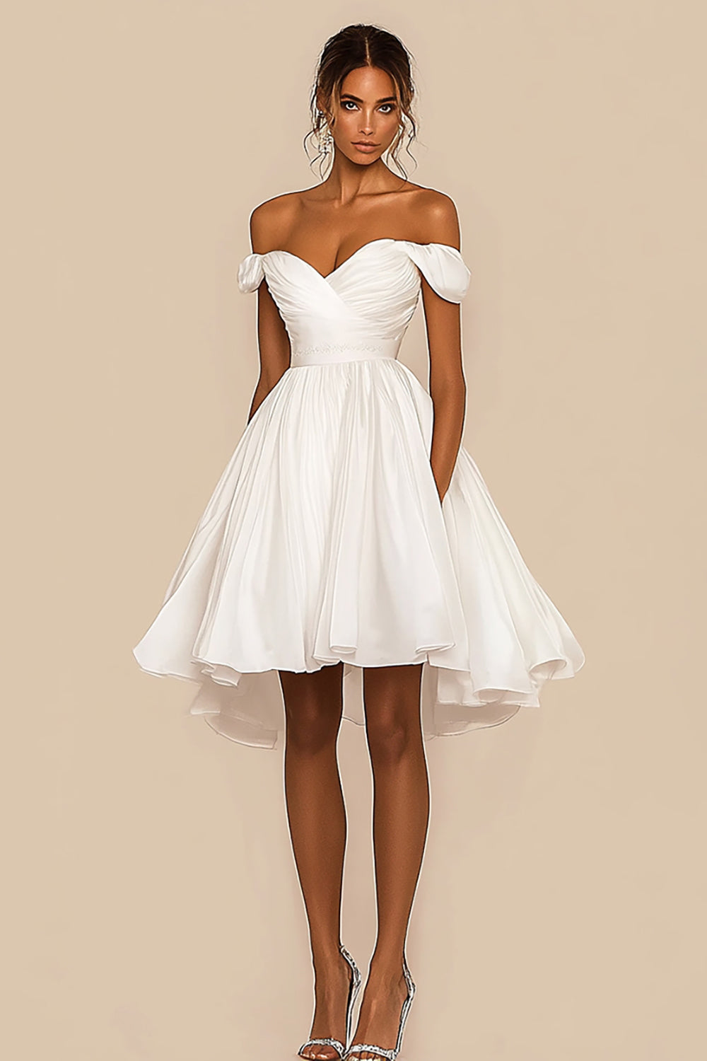 Off the Shoulder White A Line Chiffon Pleated Short Graduation Dress
