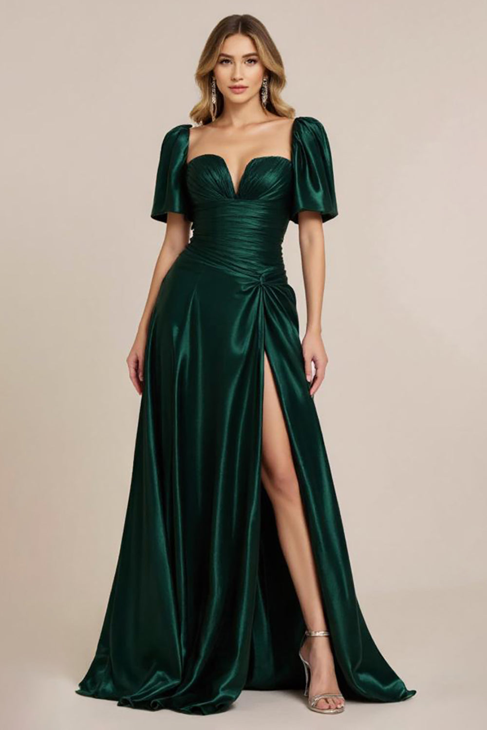 Elegant Dark Green A Line Ruched Long Satin Prom Dress with Slit